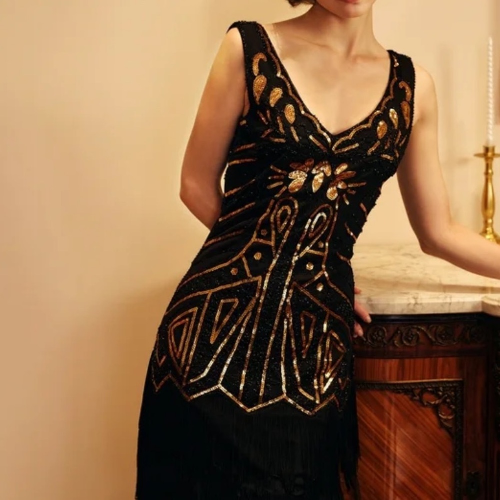 BABEYOND Women's Flapper Dresses 1920s V Neck Beaded Fringed Great Gatsby Dress